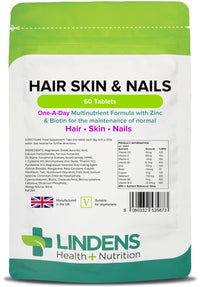 Lindens Hair Skin & Nails Tablets - 60 Pack - Contains Biotin, Zinc, Silica, Vitamin C, Vitamin E & MSM in A Convenient One-a-Day Tablet - UK Manufacturer, Letterbox Friendly
