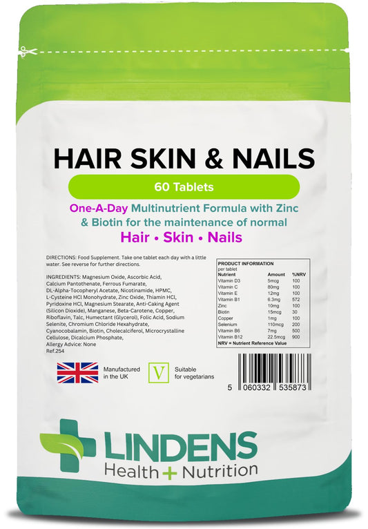Lindens Hair Skin & Nails Tablets - 60 Pack - Contains Biotin, Zinc, Silica, Vitamin C, Vitamin E & MSM in A Convenient One-a-Day Tablet - UK Manufacturer, Letterbox Friendly