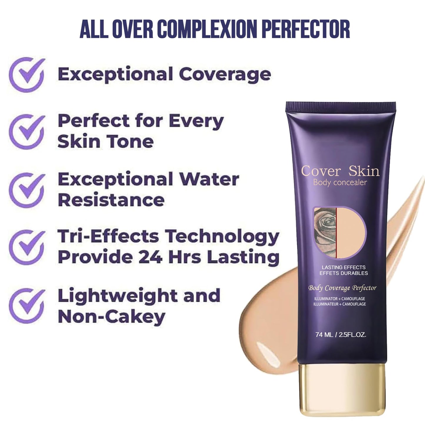 Generic All Over Complexion Perfector For Legs With Brush, Body Coverage Perfector All In One Moisturiser Concealer, Tattoo Cover Up Foundation, Waterproof Leg & Body Makeup, 74g