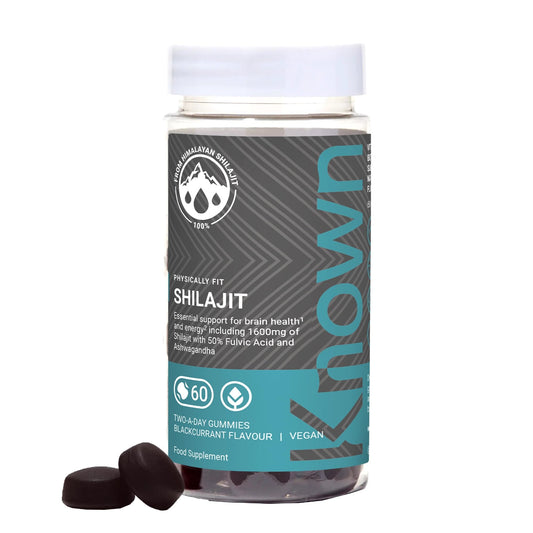 Known - 1600 mg Himalayan Shilajit Gummies with Ashwagandha - 60 x Two-A-Day Blackcurrant Flavour - 50% Fulvic Acid - Energy, Stress Relief & Immune Support - Adaptogenic - Vegan/Halal