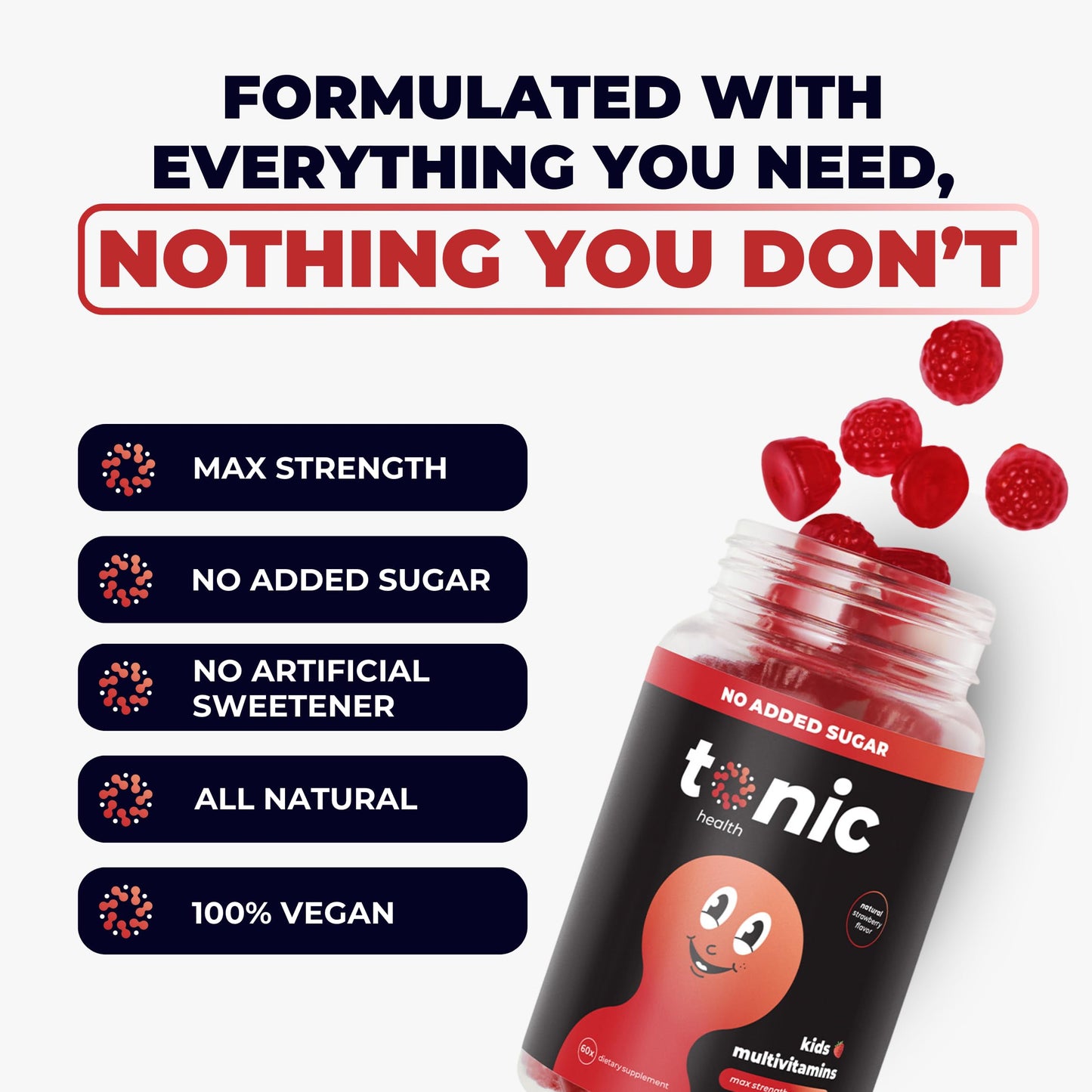 Tonic Health Kids Vitamins Gummies - 14 in 1 Kids Multivitamin with Vitamins A, C, D, E and Zinc, Strawberry Flavour, Month Supply (60 Count), Ages 4-12, No Added Sugar, No Sweeteners, Vegan