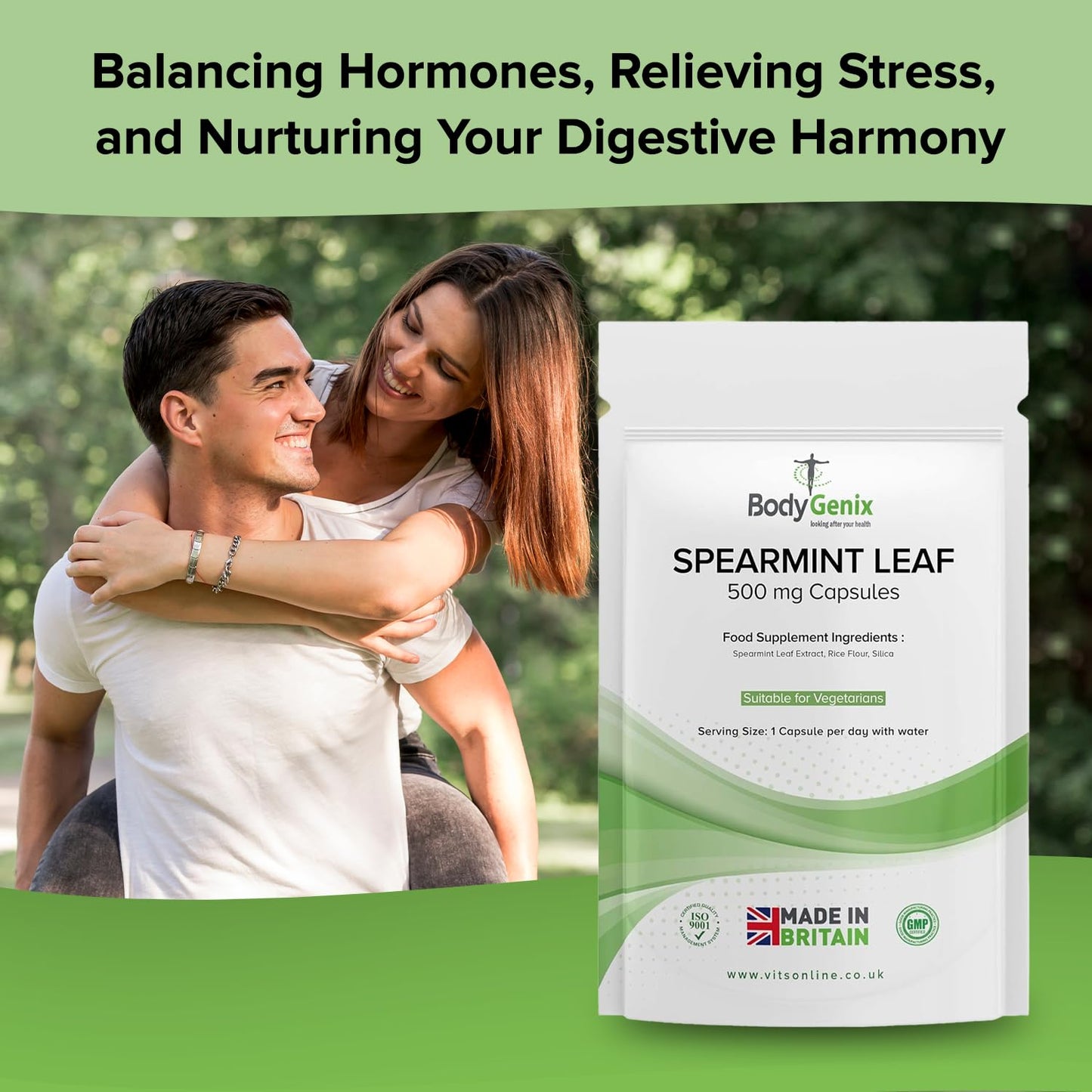 Bodygenix Spearmint Leaf Capsules - 500mg Hormonal Balance Digestive Health Fatigue & Stress Relief Support Antioxidant Formula Natural Food Supplement - 120 Capsules 4 Month Supply