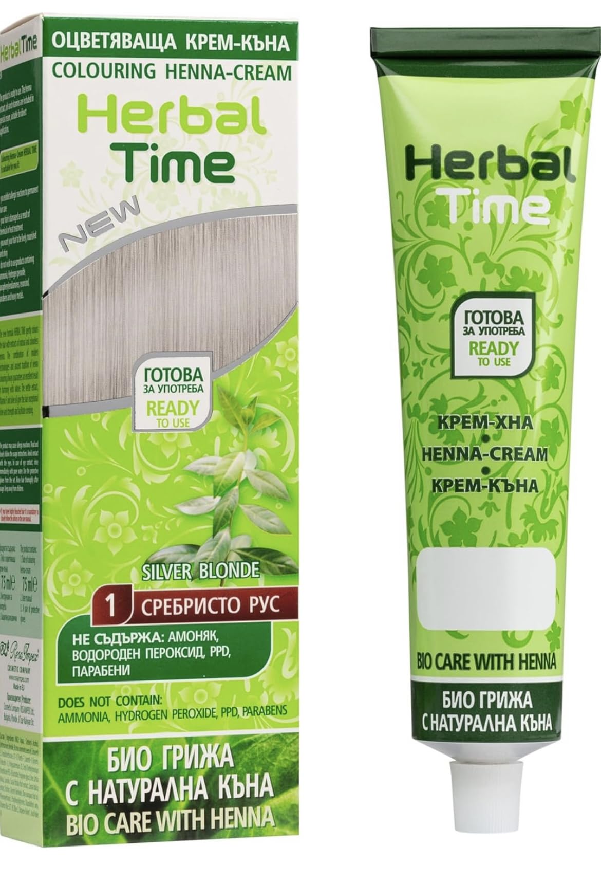 Generic Henna Herbal Time Natural Cream Color Silver Blonde Nº 1 | Henna Coloring Cream with Nettle Extract | Gray Hair Cover | Ammonia Free, Sulfates Free, Parabens Free | 75 ml