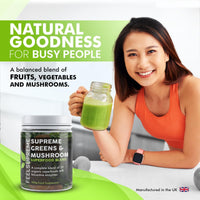 Super Greens Powder with Mushroom Large 300g 35 Nutrient Dense Superfoods 100% Natural No Added Sugar Naturally High in Fibre Protein & Vitamin C Spirulina Turmeric Wheatgrass