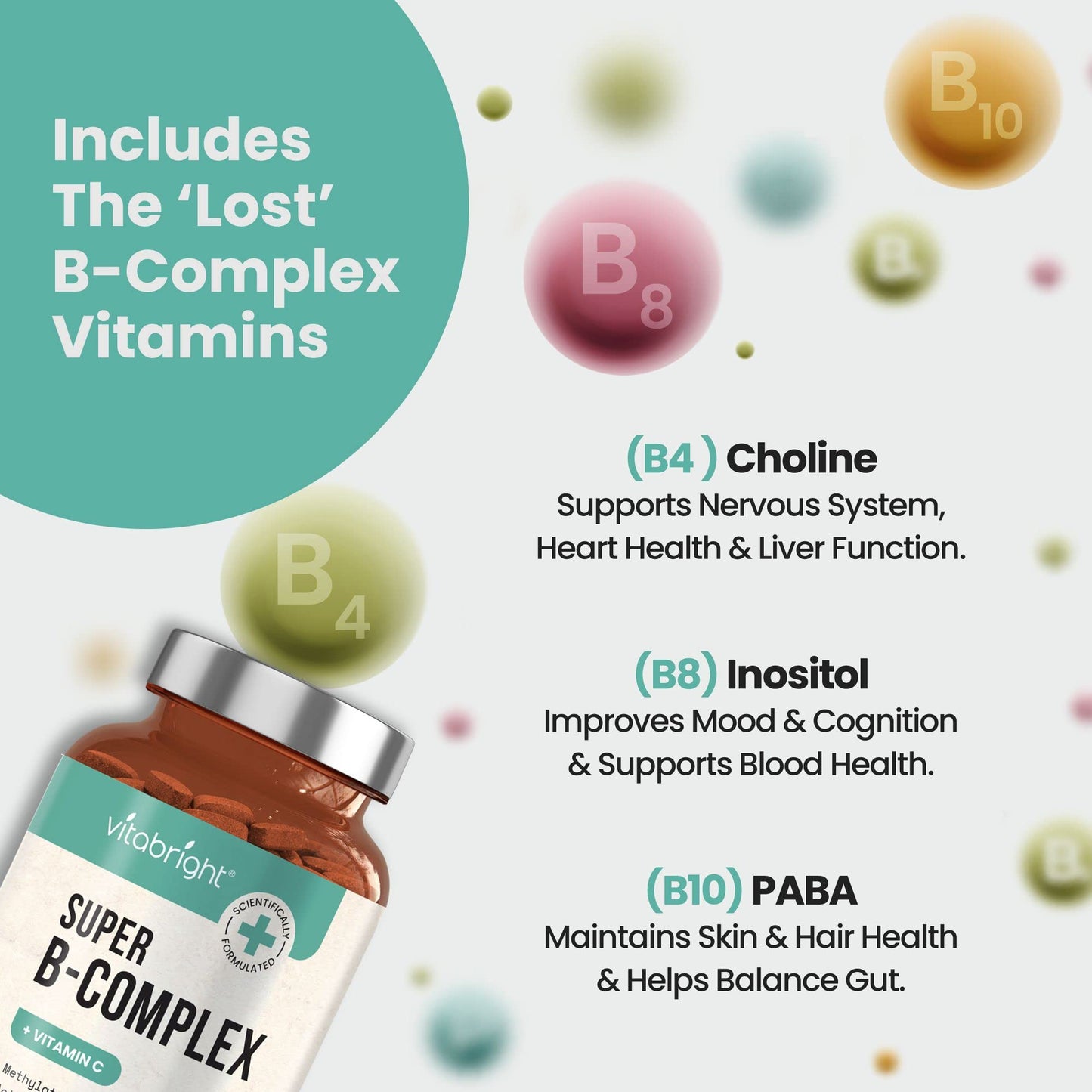 Vitamin B Complex Supplement - 11 B Vitamins (B1, B2, B3, B4, B5, B6, B7, B8, B9, B10, B12) - Plus VIT C - 120 Tablets - High Strength Advanced Formula for Easy Absorption - Made in UK by VitaBright