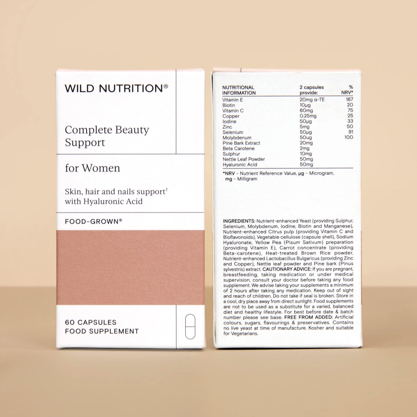 WILD NUTRITION Food-Grown® Complete Beauty Support | Hair Skin and Nails Vitamins for Women | Hyaluronic Acid, Biotin, Vitamin C, Selenium, and Zinc | 60 Capsules