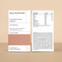 WILD NUTRITION Food-Grown® Complete Beauty Support | Hair Skin and Nails Vitamins for Women | Hyaluronic Acid, Biotin, Vitamin C, Selenium, and Zinc | 60 Capsules