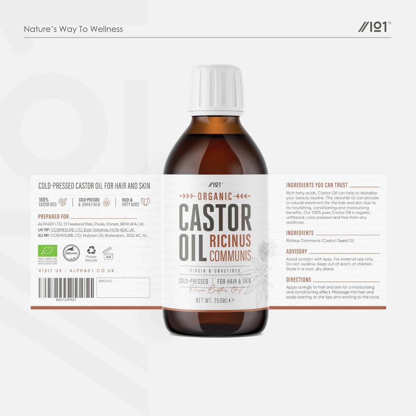Organic Castor Oil 250ml | 100% Unrefind & Cold Pressed - Hexane Free | for Skin & Hair | Food-Grade & Sustainably Sourced - By Alpha01