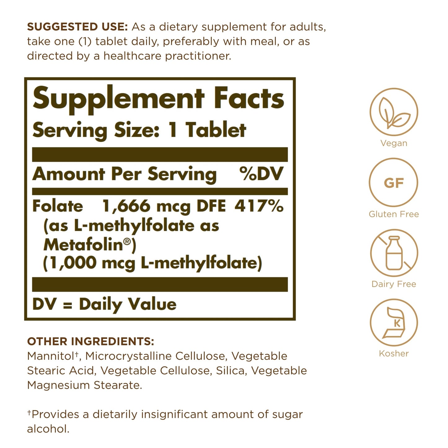 Solgar Folate 1000mcg - High Strength Formula - Healthy Maternal Tissue Growth During Pregnancy - Vegan - 60 Tablets
