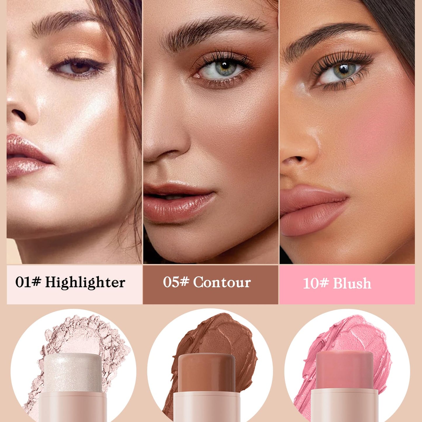 Ceboic 3Pcs Contour Highlighter Blush Stick, Bronzer Beauty Wand with Brush, Waterproof Long Lasting Cream Concealer for Sculpt the Cheeks, Lightweight Smooth Face Makeup Contouring Stick Set for All Skin