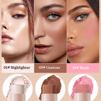Ceboic 3Pcs Contour Highlighter Blush Stick, Bronzer Beauty Wand with Brush, Waterproof Long Lasting Cream Concealer for Sculpt the Cheeks, Lightweight Smooth Face Makeup Contouring Stick Set for All Skin
