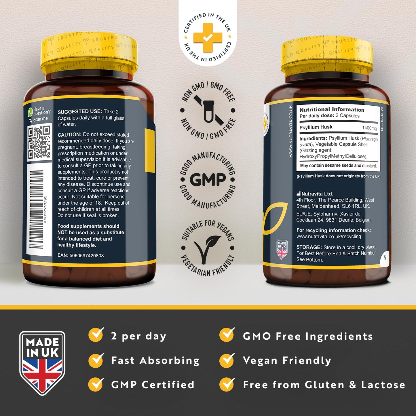 Psyllium Husks Fibre Supplement – 1400mg per Serving – Naturally High in Soluble Fibre – 180 Vegan Capsules – Supports Daily Rhythm – 100% Pure Plantago Ovata Plant Seeds – Made in The UK by Nutravita