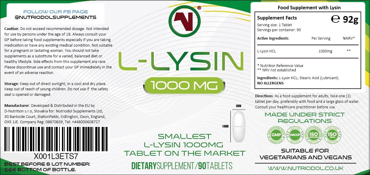 L-Lysine x 90 1000mg Tablets | Smallest 19mm Formula | Easier to Swallow and Quicker to Absorb - Suitable for Vegetarian and Vegan. (90)