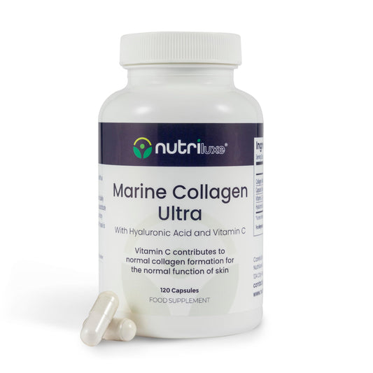 nutriluxe Nutriluxe 900mg Marine Collagen with Vitamin C and Hyaluronic Acid Supplements - 120 Capsules of Hydrolysed Type 1 Marine Collagen for Skin - Natural Skin Hair and Nails Supplement
