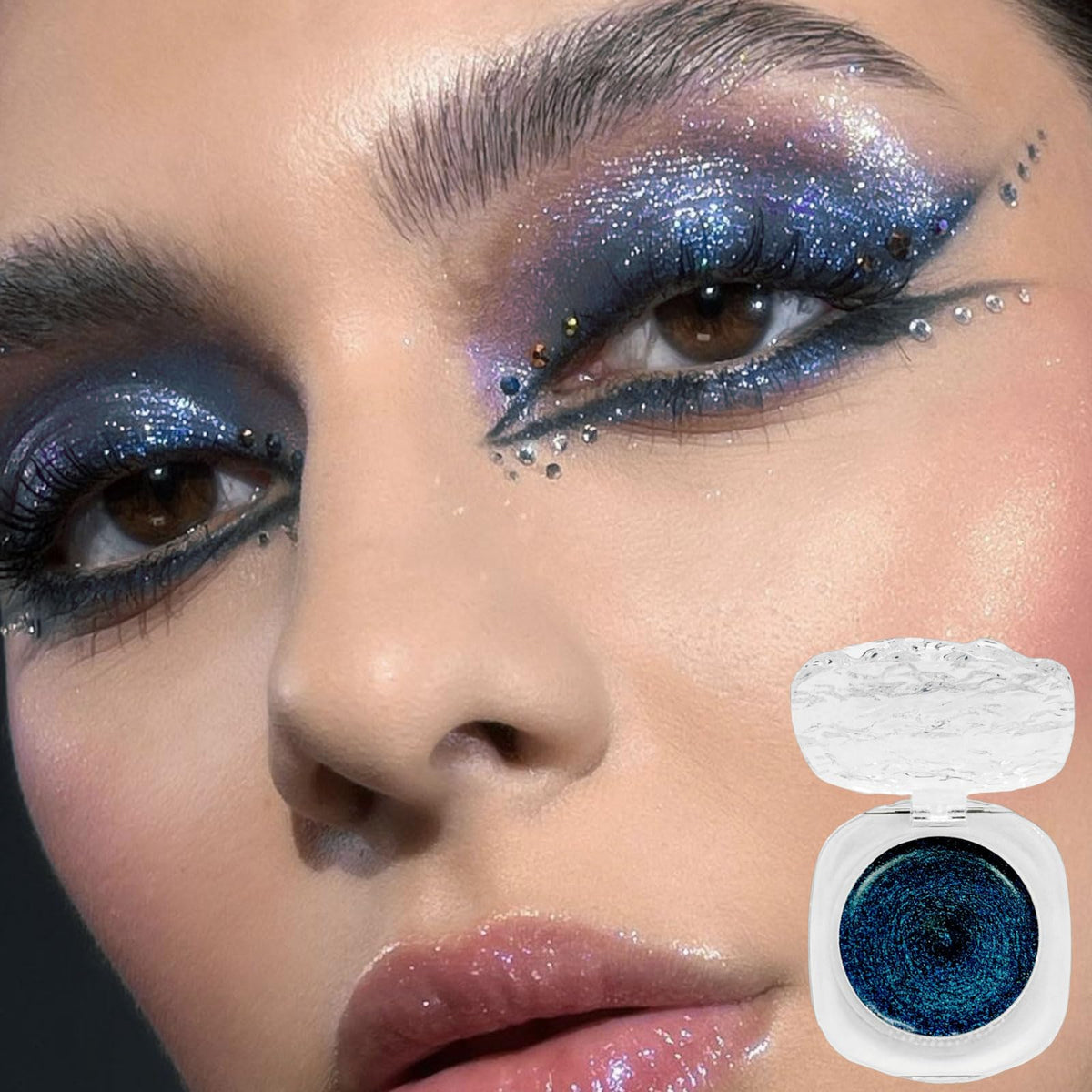 LYNTYAOU Glitter Eyeshadow Blue Shimmer Black Cream Eye Shadow, Highly Pigmented Soft Smooth Shimmering Smokey Single Eyeshadow, Eye Shadow Cool Make-Up Palettes, Gift for Women