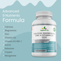 Calcium Magnesium Zinc and Vitamin D Supplement - 180 Vegan Tablets - High Strength Calcium Complex with Vitamin K2 MK-7 Copper Manganese Selenium & Boron- UK Made by Supplement Tree
