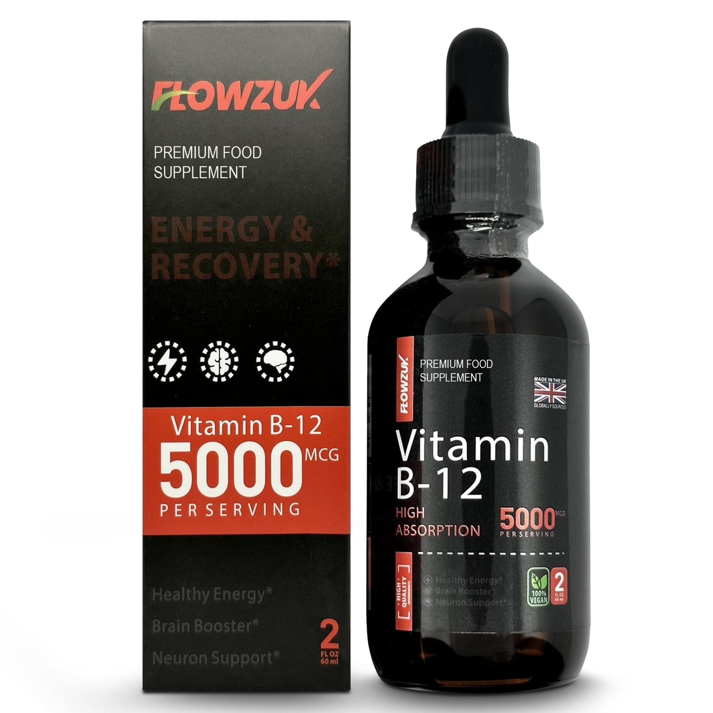 Flowzuk B12 Liquid Vitamin Drops 5000 mcg Methylcobalamin High Strength 60ml Dropper Bottle - Vegan Friendly - Sublingual for Fast Absorption - Gluten Free - Made in The UK