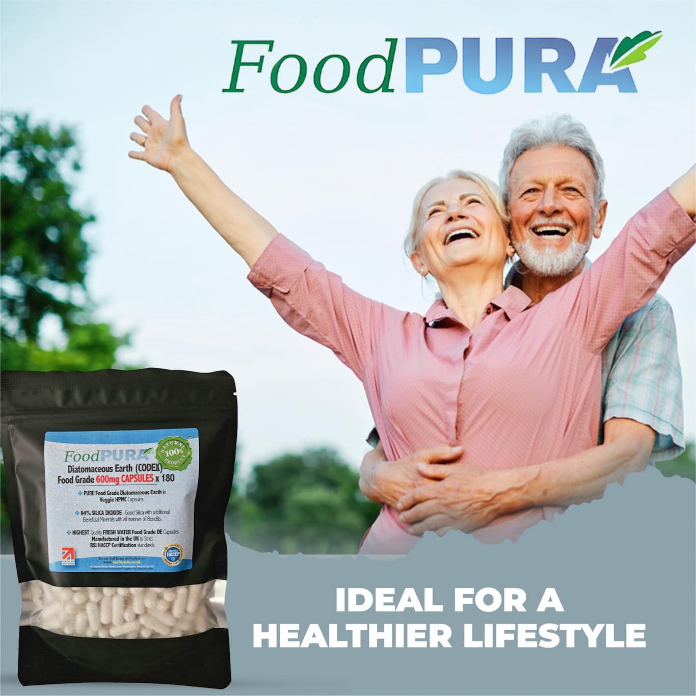 FoodPURA Food Grade Diatomaceous Earth Capsules (Codex) Pure White 94% Silica Fresh Water Sourced 600mg (180)