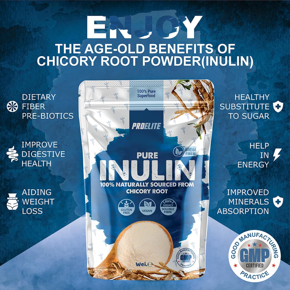 Pure Inulin Powder Prebiotic Soluble Fibre Powder - Vegan, GMO Free, Gluten Free Made in EU from Natural Chicory Root Fructo OligoSaccharide FOC Powder by PROELITE (250g)