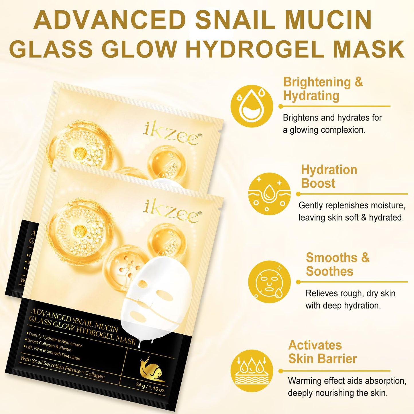Generic Advanced Snail Mucin Glass Glow Hydrogel Mask, Collagen Face Masks Skincare, Collagen Night Wrapping Mask, Snail Mucin Korean Skincare(4 PCS)