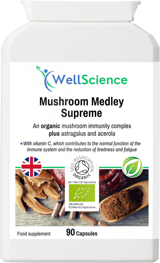 Wellscience WellScience Mushroom Medley Supreme - Organic Immunity Boosting Supplement with Shiitake, Chaga, Reishi, Maitake, Lion's Mane, Astragalus, and Acerola | Reduces Fatigue & Supports Collagen Formation