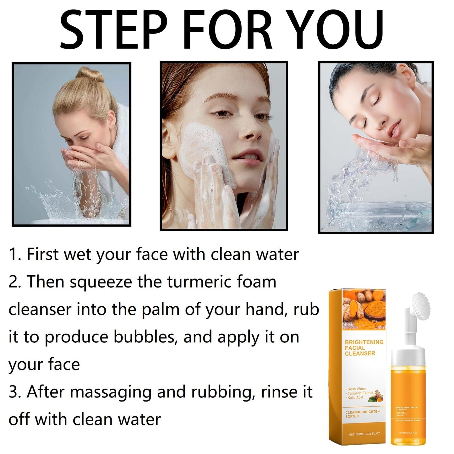 Bavooty Turmeric Foaming Cleanser,Turmeric Face Cleanser,Turmeric Face Wash,Brightening Turmeric Face Cleanser,Deep Cleansing Foaming Turmeric Oil Cleanser for All Skin,Deep Cleansing of Face Skin(100ML)