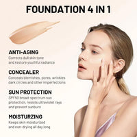 NLFOX 4 in 1 Foundation Liquid - Sunscreen Serum SPF50 Concealer and Moisturizer - Color Changing Foundation Light Spectrum with Brush - UVA/UVB Protection, Hydrating & LongLasting