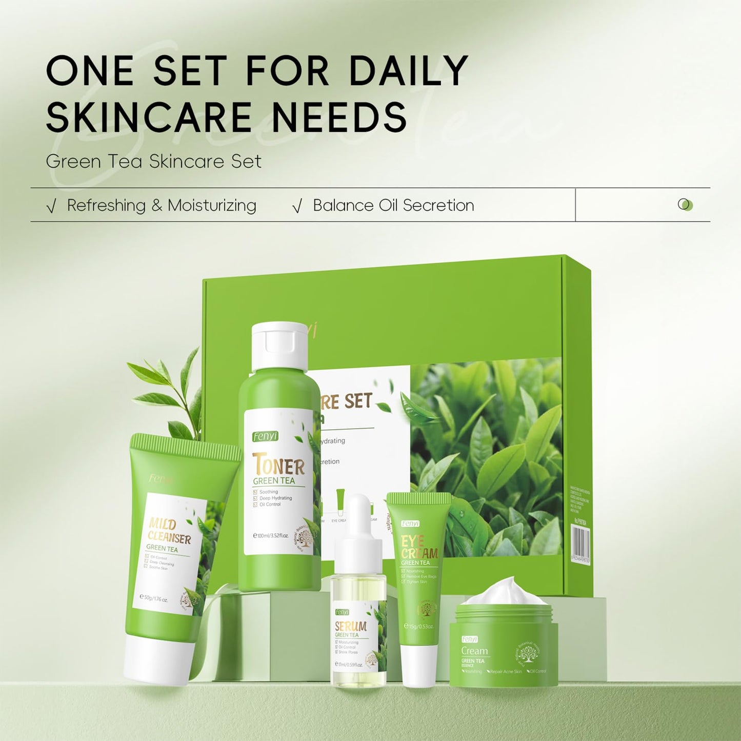 Green Tea Skincare Set For Teenage Girls, Green Tea Facial Kit With Cleanser,Toner,Eye Cream,Face Cream,Serum, Beauty Gifts For Women Girls, Skin Care Sets & Kits, Reduce Acne, Smooth