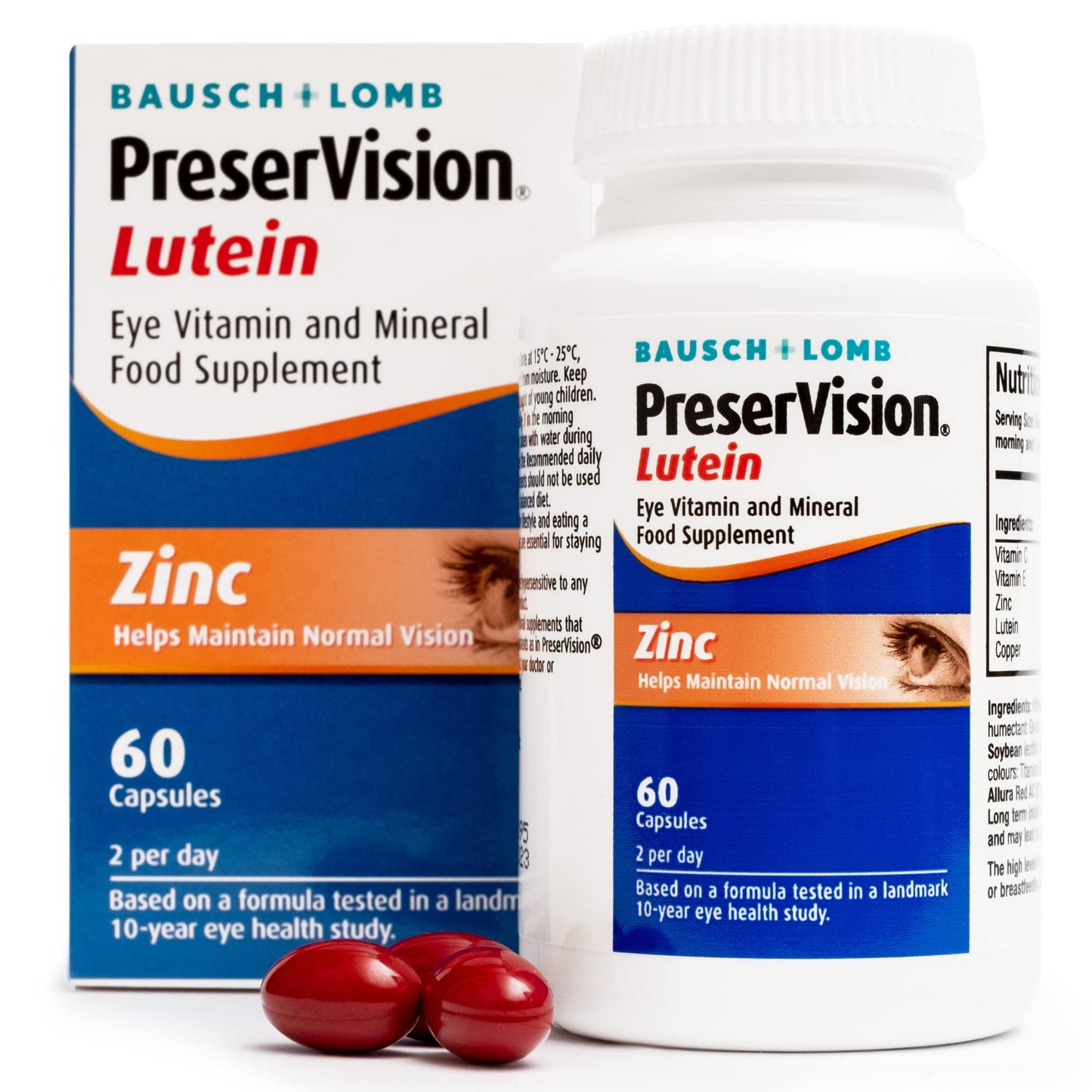 PreserVision Lutein by Bausch + Lomb, Lutein, Zinc, Copper and Vitamin C and E, Eye Vitamin and Mineral Food Supplement, Two Lutein Soft Gel Capsules per Day