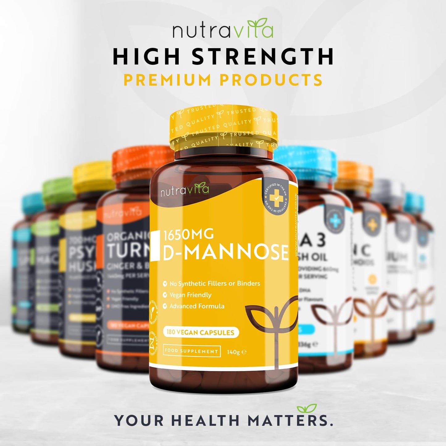 D-Mannose 1650mg High Strength Capsules – 180 Vegan Friendly Capsules (Not Tablets) – 100% Natural Premium D Mannose Supplement – Made in The UK by Nutravita