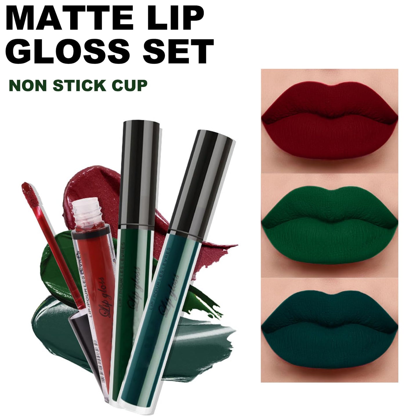 Erinde Matte Velvet Lipstick Set, Non-Stick Cup Lipstick, Green Liquid Lipstick Long Lasting, Dark Red Lip Gloss, Lip Makeup Kit, Waterproof, Smudge Proof