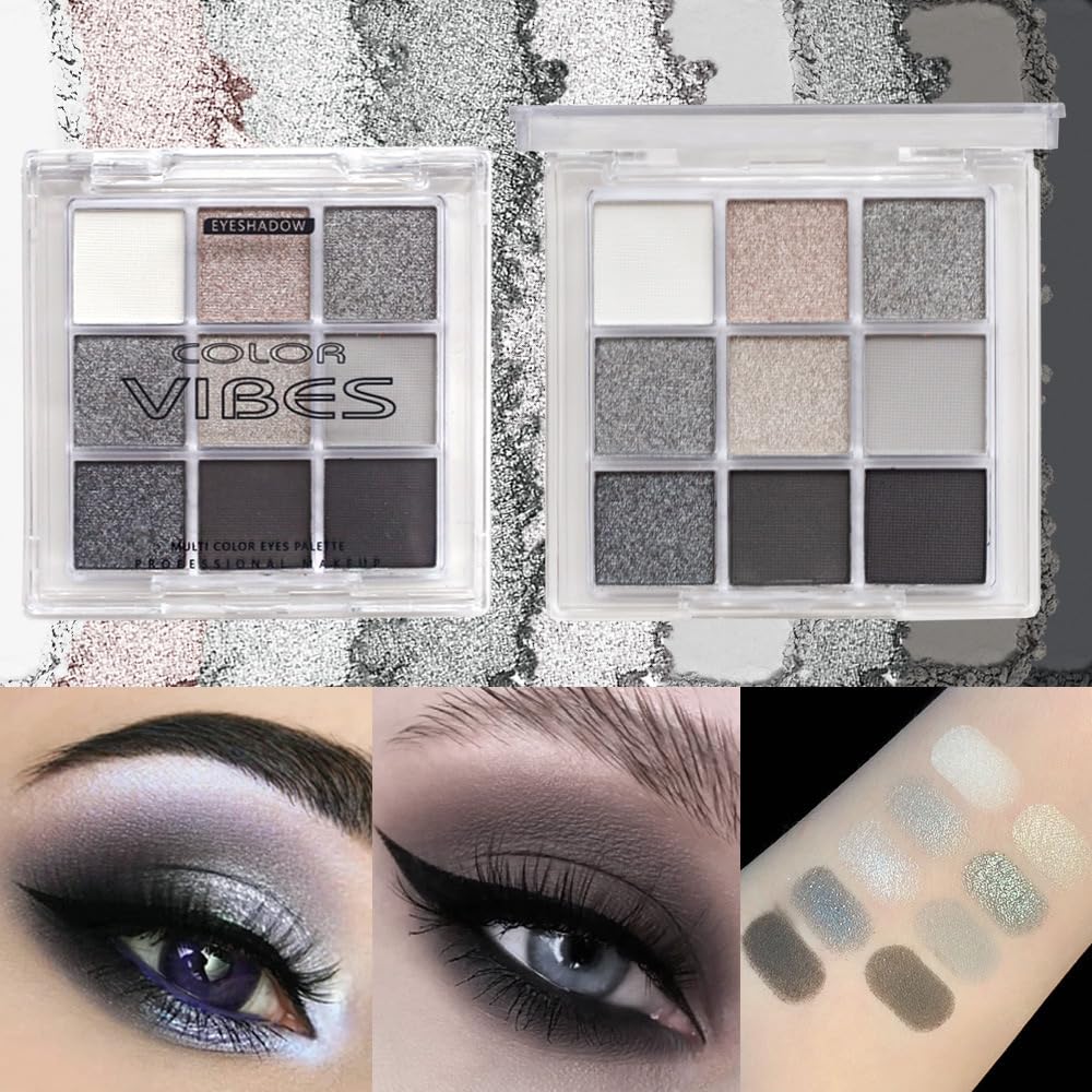 FANFALUV Black Smokey Eyeshadow Palette Makeup,9 Colors Black Silver Gray White Eye Shadow Pallets For Women,Long Lasting,Waterproof and Blendable,Make-up Palettes With Brushes-Halloween Goth Gifts(Smoky)