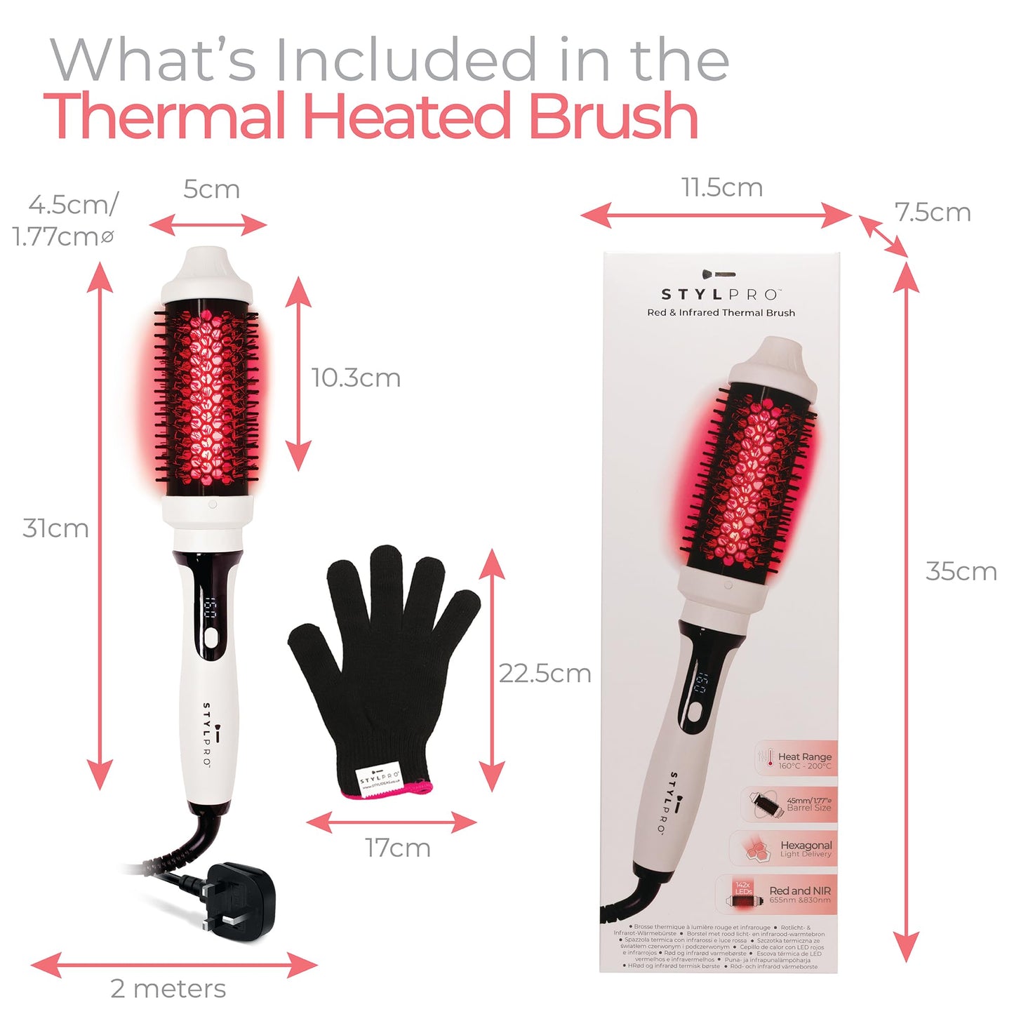 StylPro STYLPRO Thermal Brush with Red & Near Infrared LEDs – 58 NIR + 84 Red LEDs, Ceramic Barrel, Adjustable Heat, Lightweight Blowout & Curling Brush for All Hair Types
