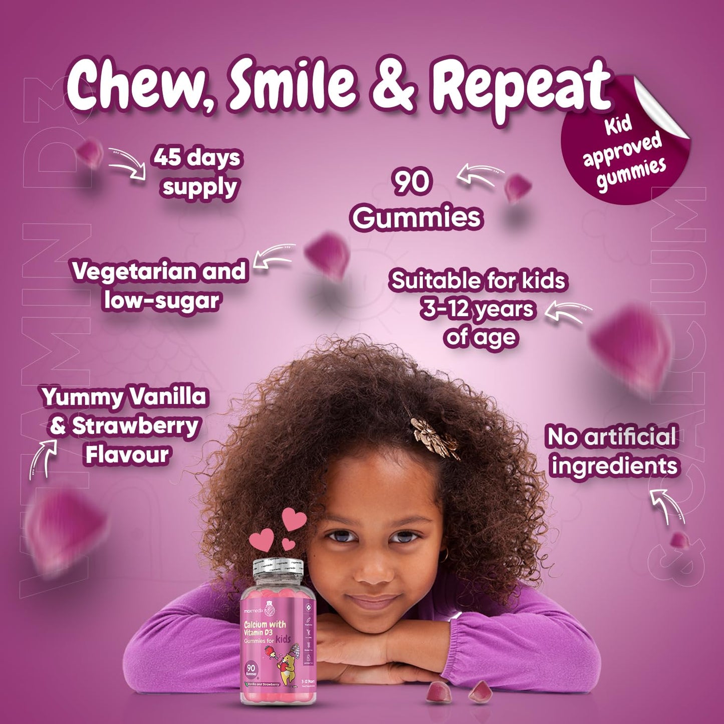 Calcium with Vitamin D3 Gummies for Kids - 90 Gummies - 45 Days Supply - Calcium & Vitamin D3 Gummies (not Calcium Tablets), Non-GMO, Vegetarian - Strawberry & Vanilla Flavoured Calcium & VIT D Gummy
