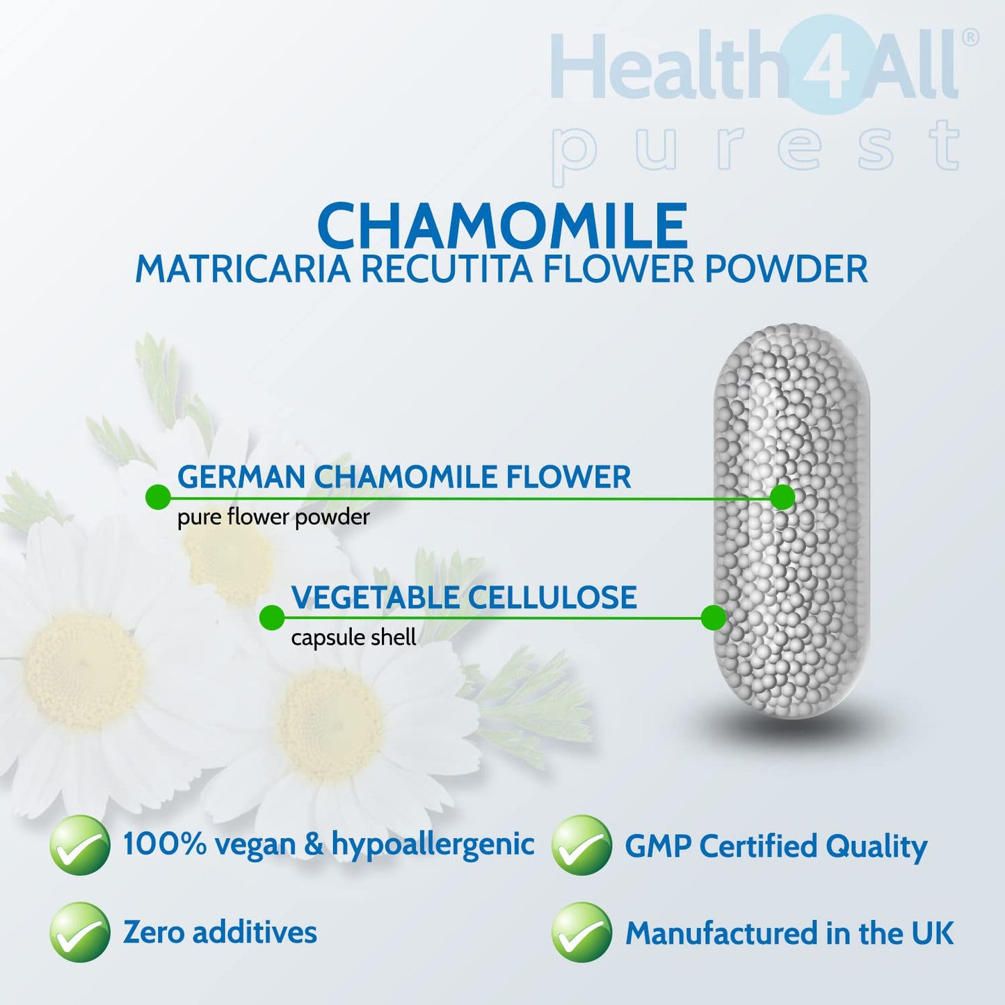 Chamomile 375mg 60 Capsules (V) .(not Tablets) Purest- no additives, Vegan Capsules for Anxiety, Stress, Sleep and Digestive Health. Made in The UK by Health4All