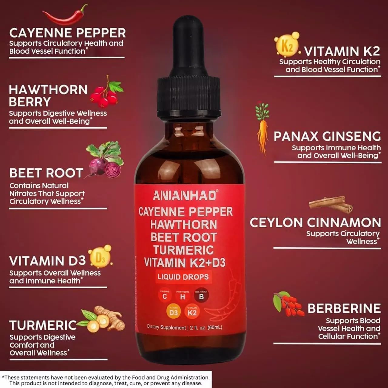 ANIANHAO Cayenne Pepper Drops, 120ml Gleame Cayenne Pepper Drops, Hawthorn Berry, Vitamin D3 K2 Beet Root Powder, Ceylon Cinnamon, Turmeric Curcumin, Organic Panax Ginseng, Berberine 2 Bottles