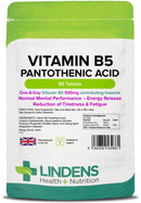 Lindens Vitamin B5 500mg Tablets - 90 Pack - 8000% Nrv Dose Contributes Towards Mental Performance, Normal Metabolism & Reduction of Tiredness - UK Manufacturer, Letterbox Friendly