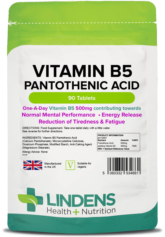 Lindens Vitamin B5 500mg Tablets - 90 Pack - 8000% Nrv Dose Contributes Towards Mental Performance, Normal Metabolism & Reduction of Tiredness - UK Manufacturer, Letterbox Friendly