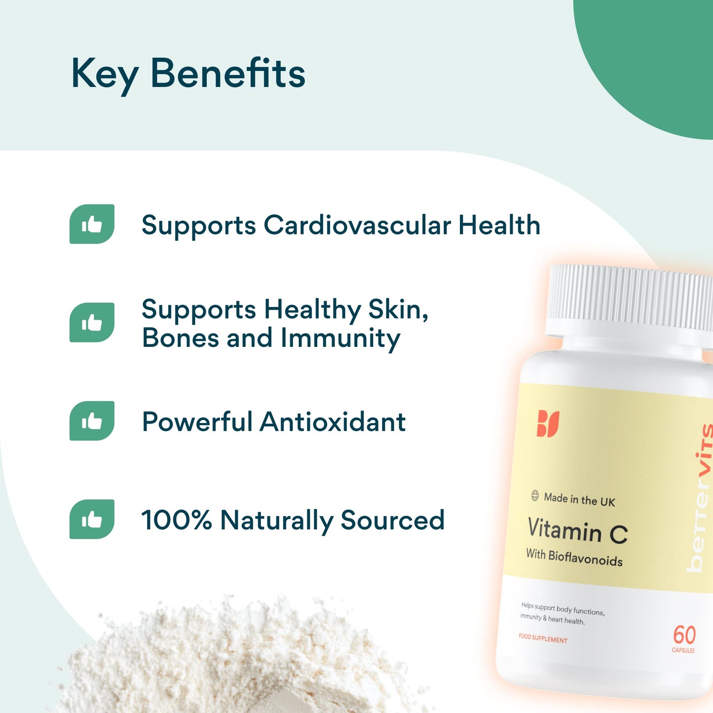 Bettervits Vitamin C | Powerful Antioxidant | Cardiovascular Health | Cell Repair | Potent Dose | Suitable for Vegans | Made in The UK