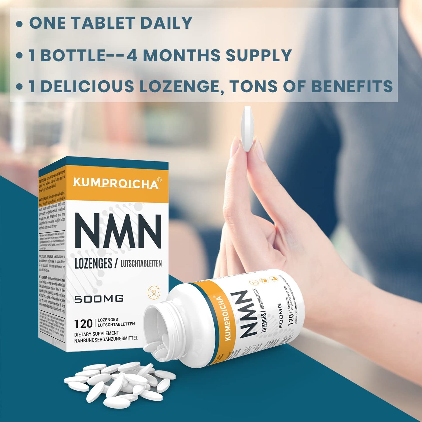 kumproicha NAD Sublingual Lozenges, Fast-Acting & High Absorption NAD+ Supplement, 120 Tablets, 120 Servings Per Bottle