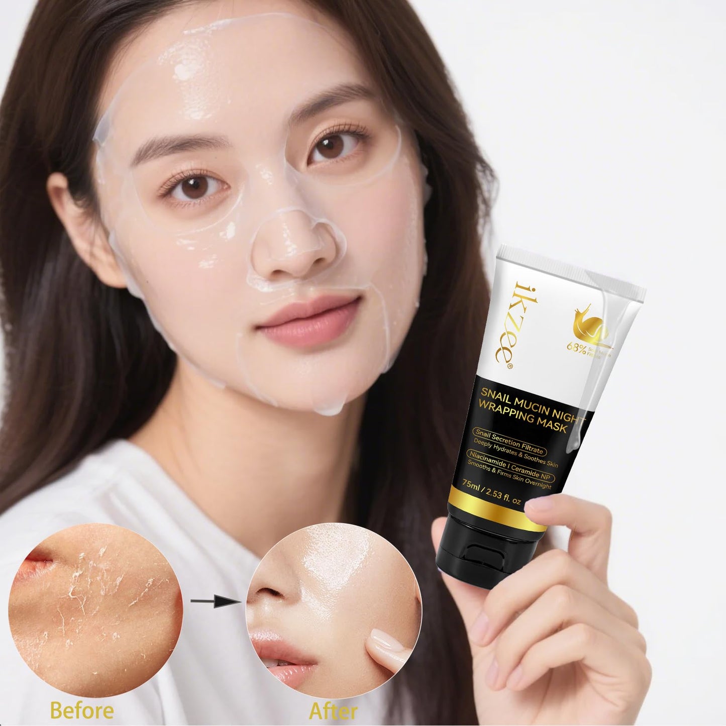 Midgpnes Snail Mucin Collagen Wrapping Peel Off Face Mask, Niacinamide Night Treatment, Deeply Hydrates and Tightens Soothes Skin,Firms Skin Overnight,75ml with Brush