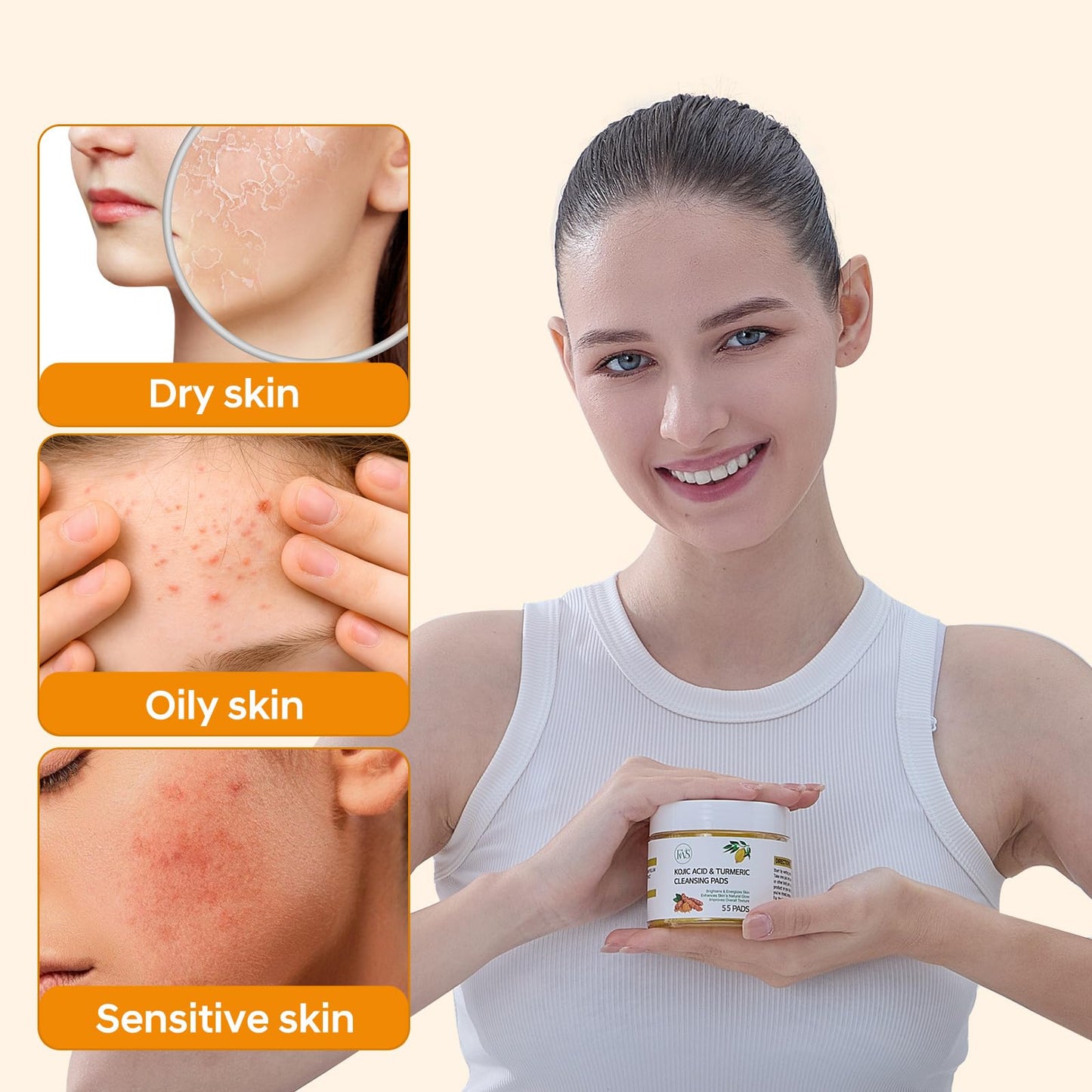 FW Stores Pack of 55 Pure Kojic Acid & Turmeric Cleansing Pads for Deep Facial Skin Cleaning, Skin Moisturizing, Improve Uneven Skin Tone and Gently Healing Acnes