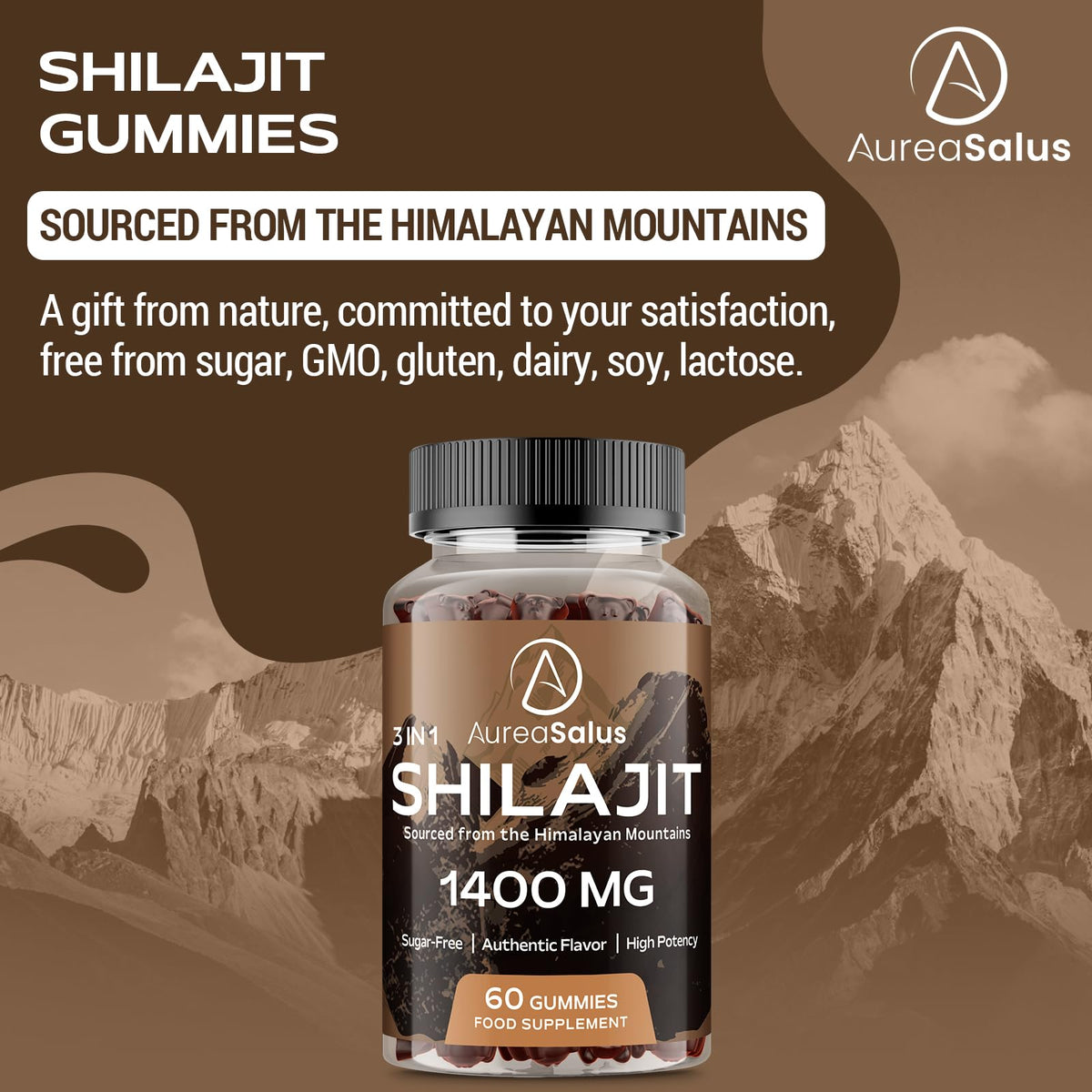 AureaSalus Shilajit Gummies 1400mg, Shilajit Supplement with Chaga and Ashwagandha, Original from Himalayan with Fulvic & Humic Acid and 85+ Minerals, for Energy, Immunity & Focus, Sugar-Free, 60 Gummies