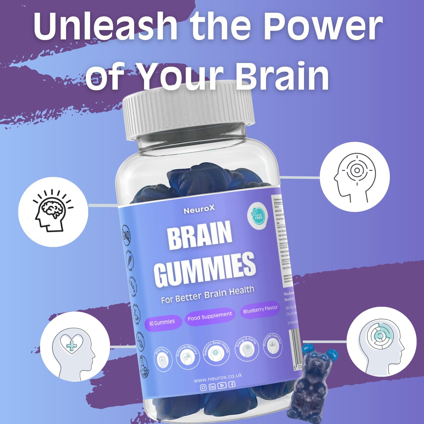 NeuroX Brain Health Gummies – Focus, Memory & Concentration Support with Ashwagandha, DHA, Brahmi Extract, Zinc, Magnesium & More – 60 Gummies