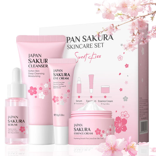 FANFALUV Skincare Set Gifts For Teenage Girls-Sakura Skin Care Sets & Kits With Cleanser Face Serum,Eye Cream,Essence Cream For Blackheads Hydrate Moisturize-Face Exfoliator-Christmas Gifts For Women 4pcs