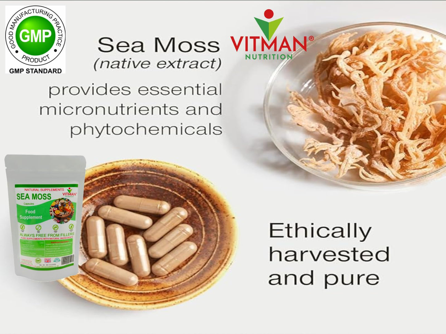 VitMan Nutrition Sea Moss Capsules, 60x Natural Irish Sea Moss Food Supplement, Gluten Free, Sugar Free, GMO Free, Vegan