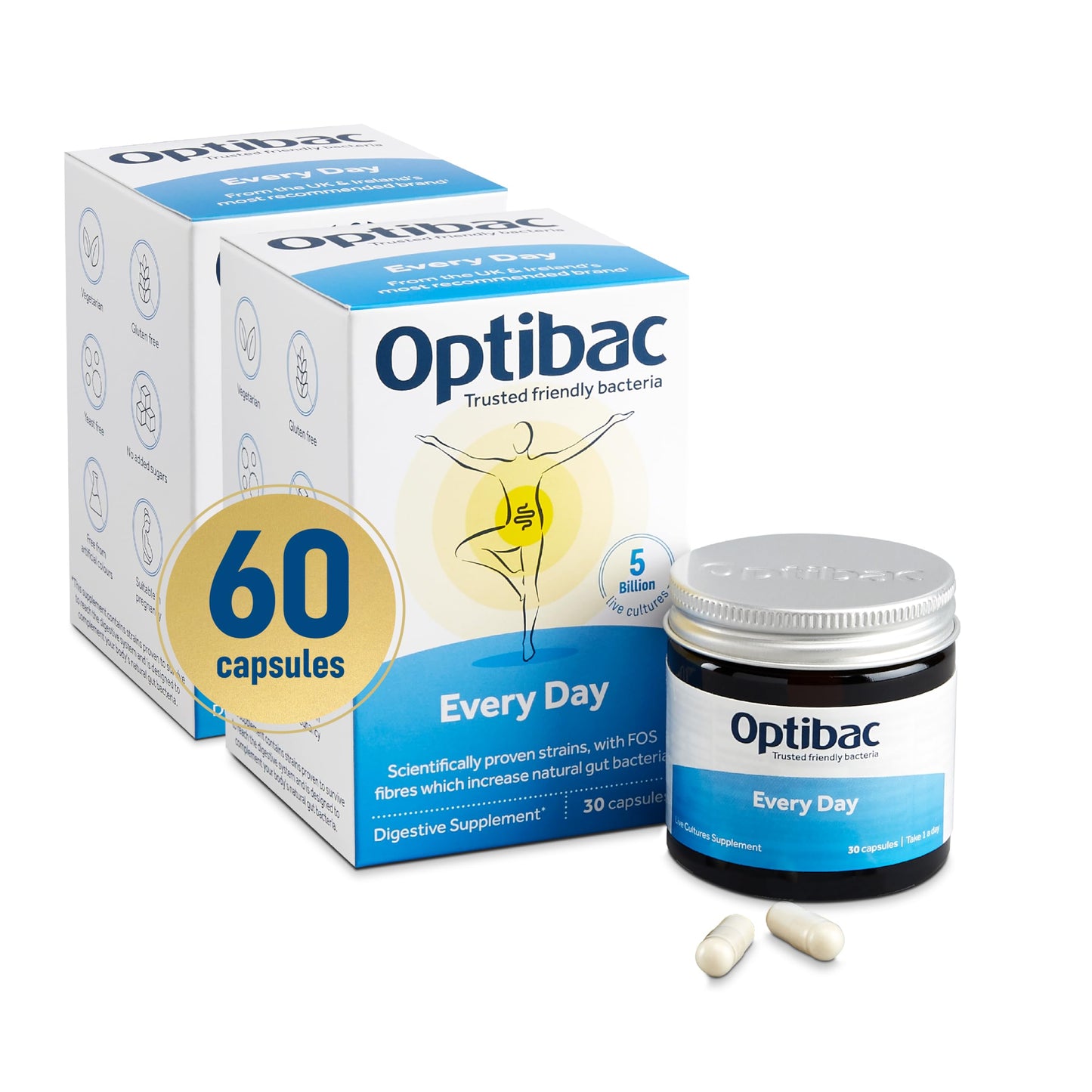 OptiBac Optibac Probiotics Every Day - Digestive Probiotic Supplement with 5 Billion Bacterial Cultures & FOS Fibres - 60 Capsules