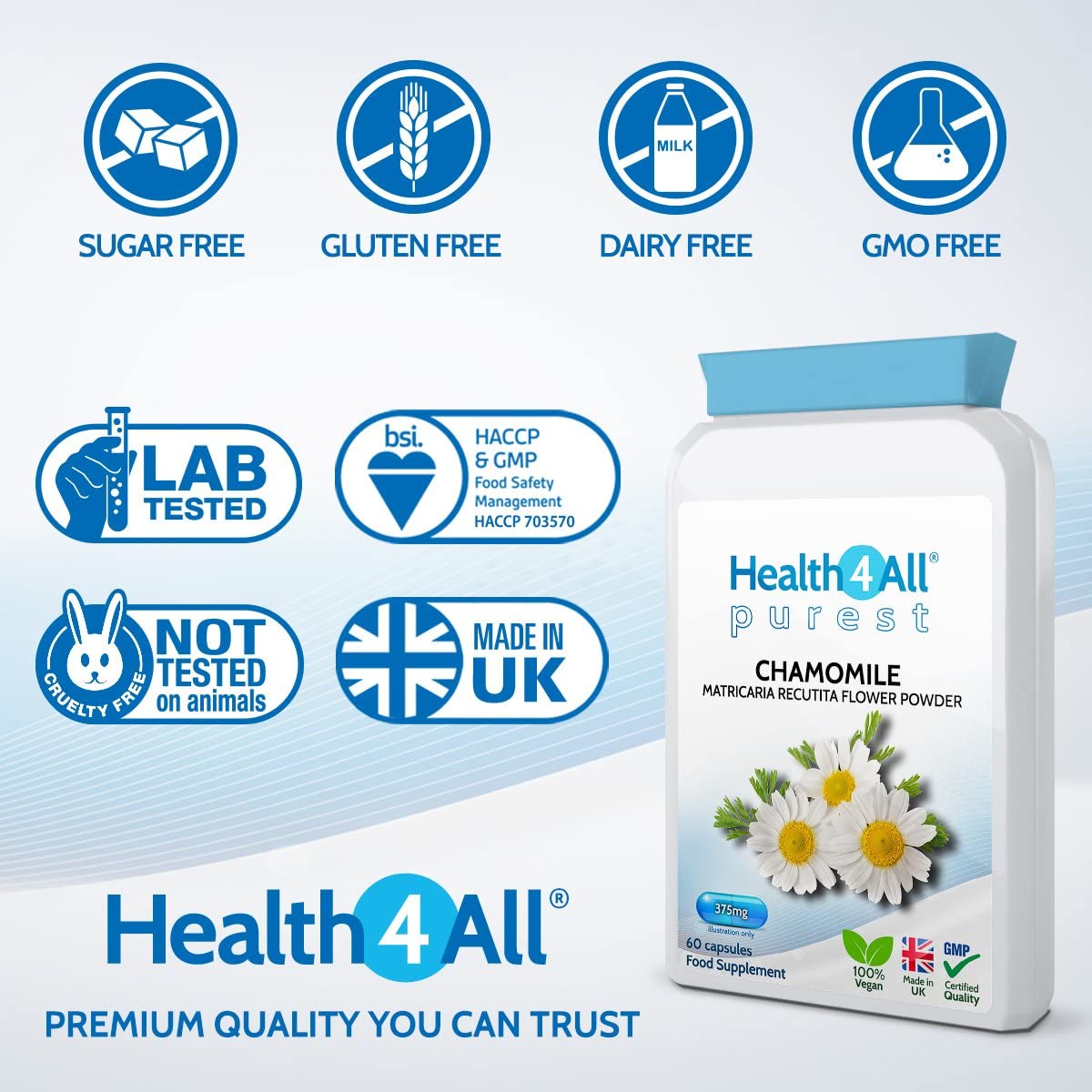 Chamomile 375mg 60 Capsules (V) .(not Tablets) Purest- no additives, Vegan Capsules for Anxiety, Stress, Sleep and Digestive Health. Made in The UK by Health4All