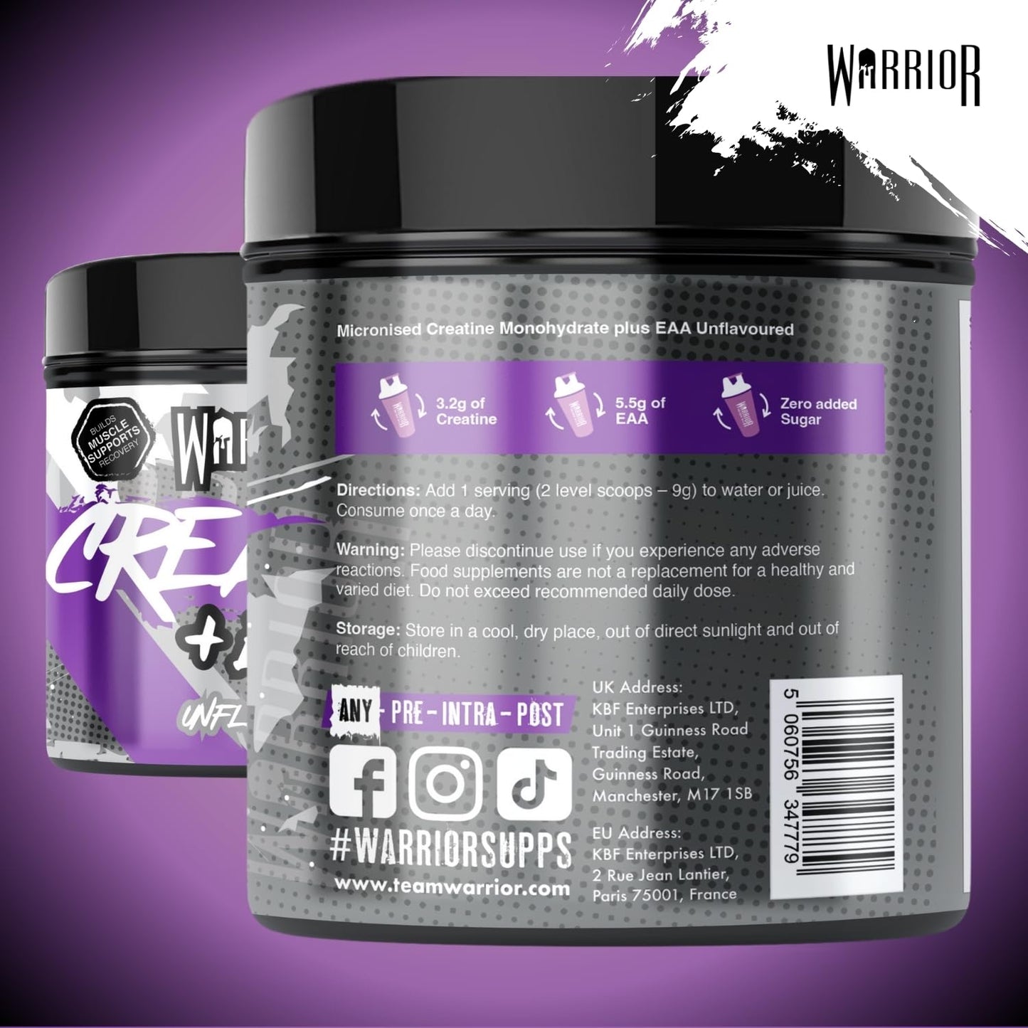 Warrior Creatine Monohydrate Plus EAA – 30 Servings Muscle Recovery & Support Formula with Performance Supplement Essential Amino Acid Powder Pre and Post Workout 270g Unflavoured