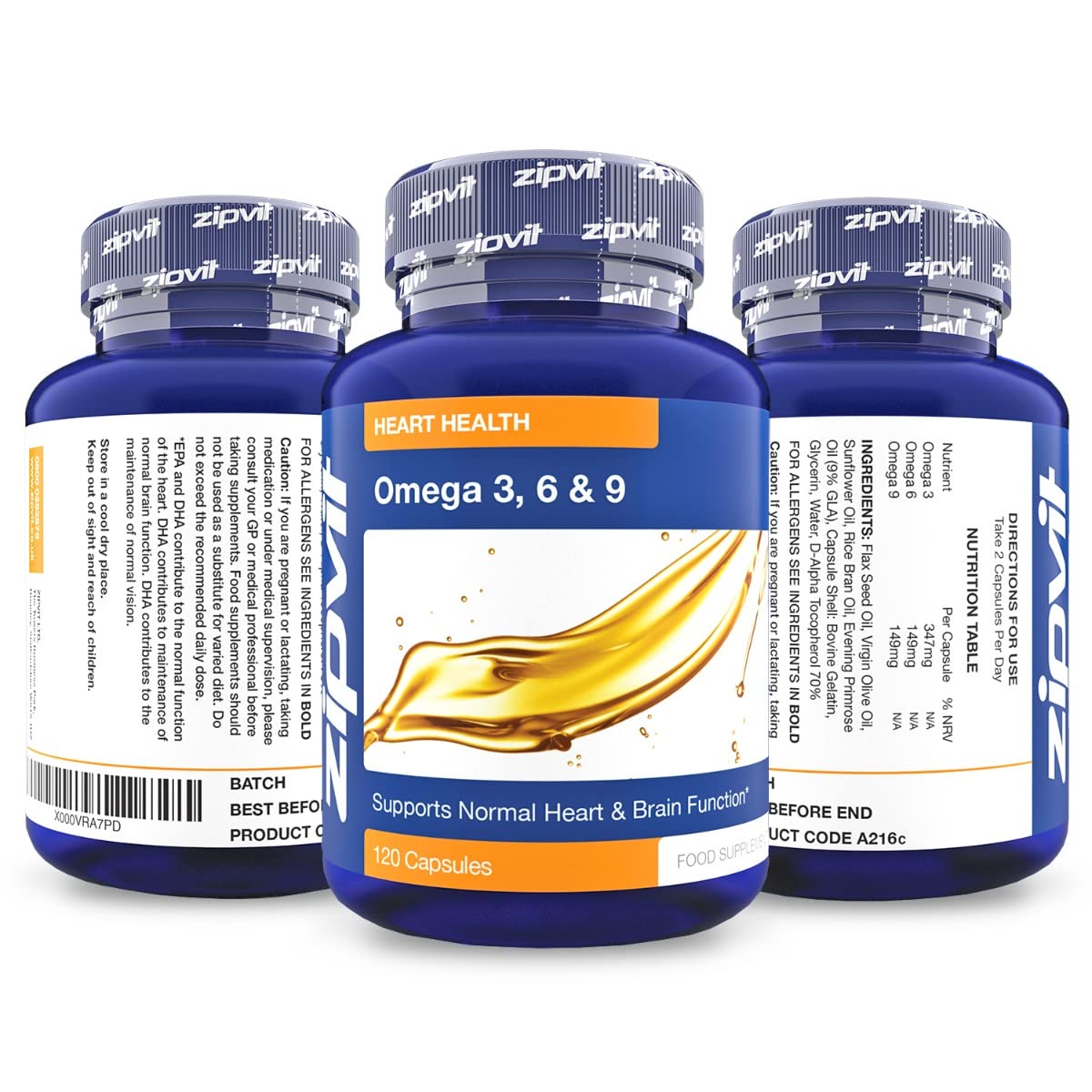 Omega 3 6 & 9 Oil 1000mg, 120 Softgels. Source of Alpha-Linolenic Acid. Supports Maintenance of Normal Blood Cholesterol. Made in UK.